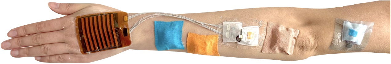 A tactile-sensing patch and two stickies adhered to a forearm using, left to right: waterproof film bandage, kinesiology (KT) tape, and waterproof silicone bandage